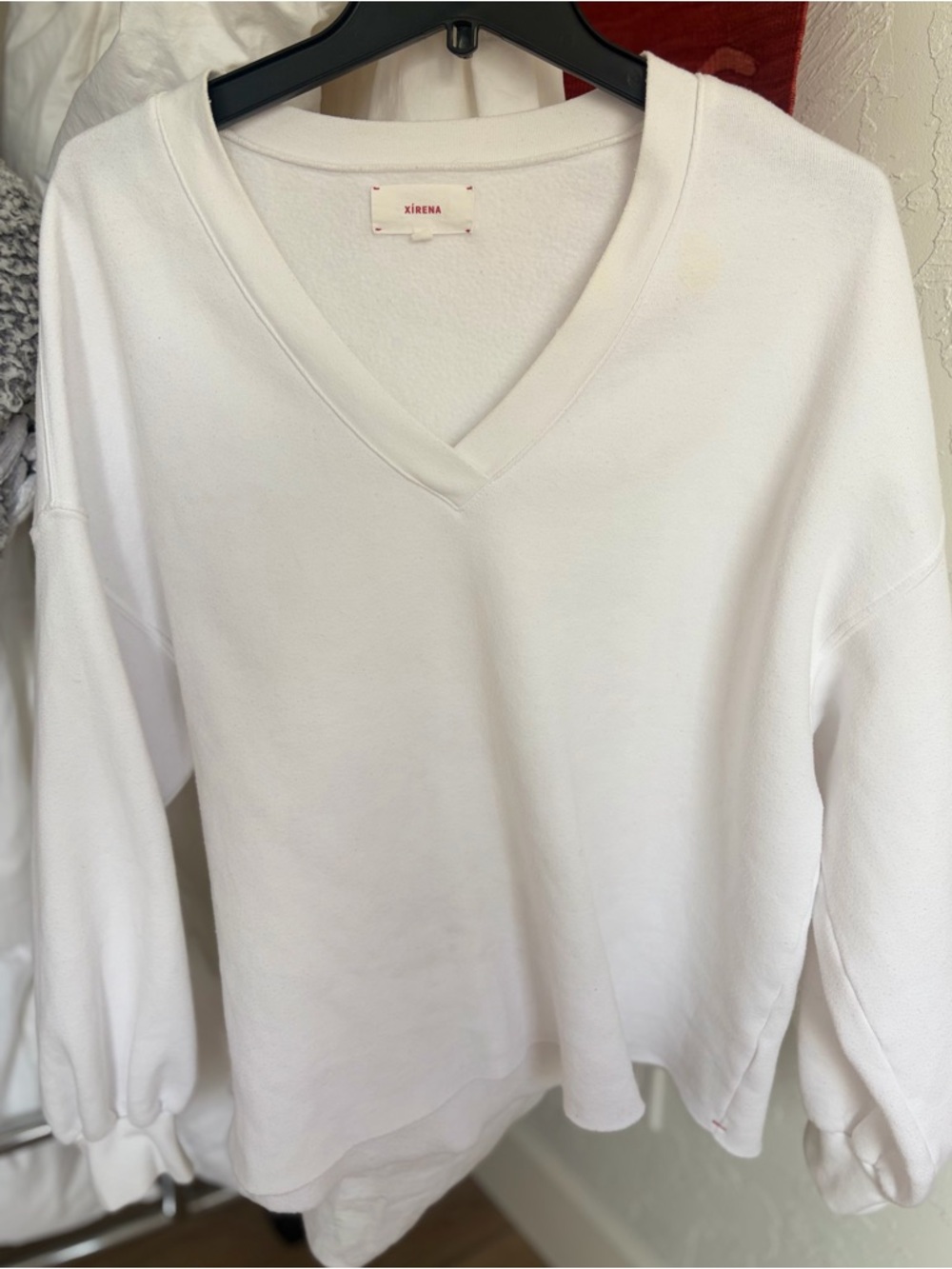 Xirena White V-Neck Sweatshirt. Fleece lined